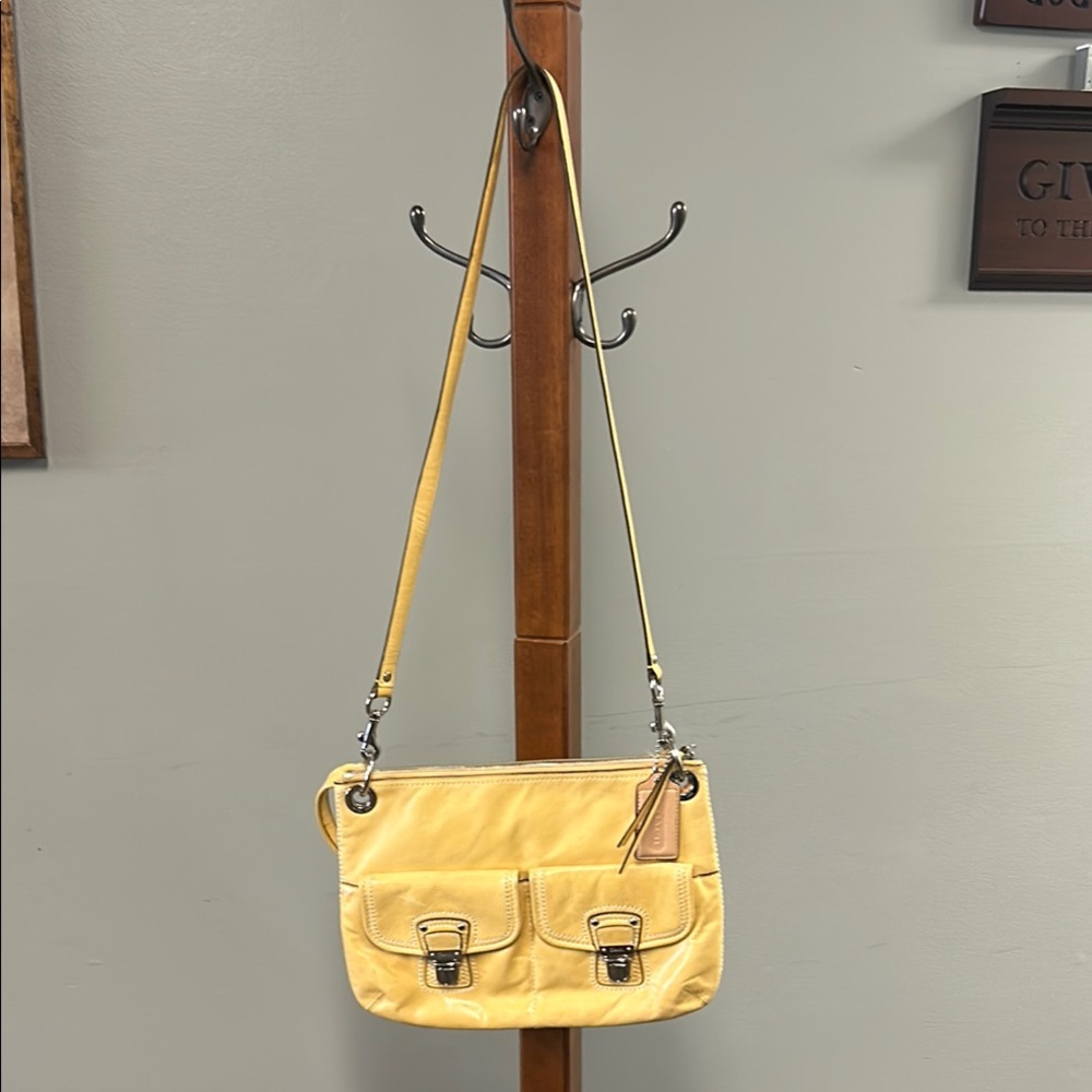 Coach Yellow Leather Crossbody Bag with Front Buckle Pockets